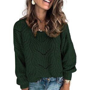 Women's Green Cute Elegant Soft Crew Neck Long Sleeve Knit Pullover Sweaters